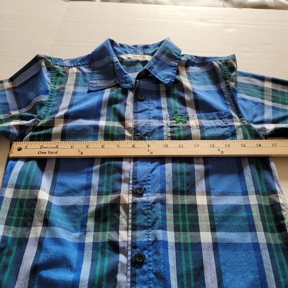 Old Navy Boys Long Sleeve Button Down Blue, Green, White Plaid Shirt Sz L